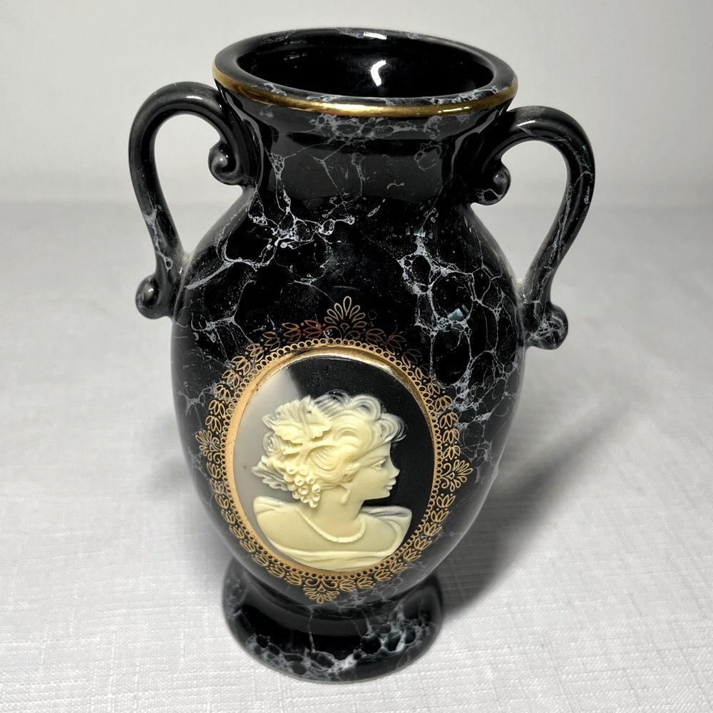Porcelain Vase, 2 Handles, Gold & Black Marble, Cameo Lady Profile. Made Japan